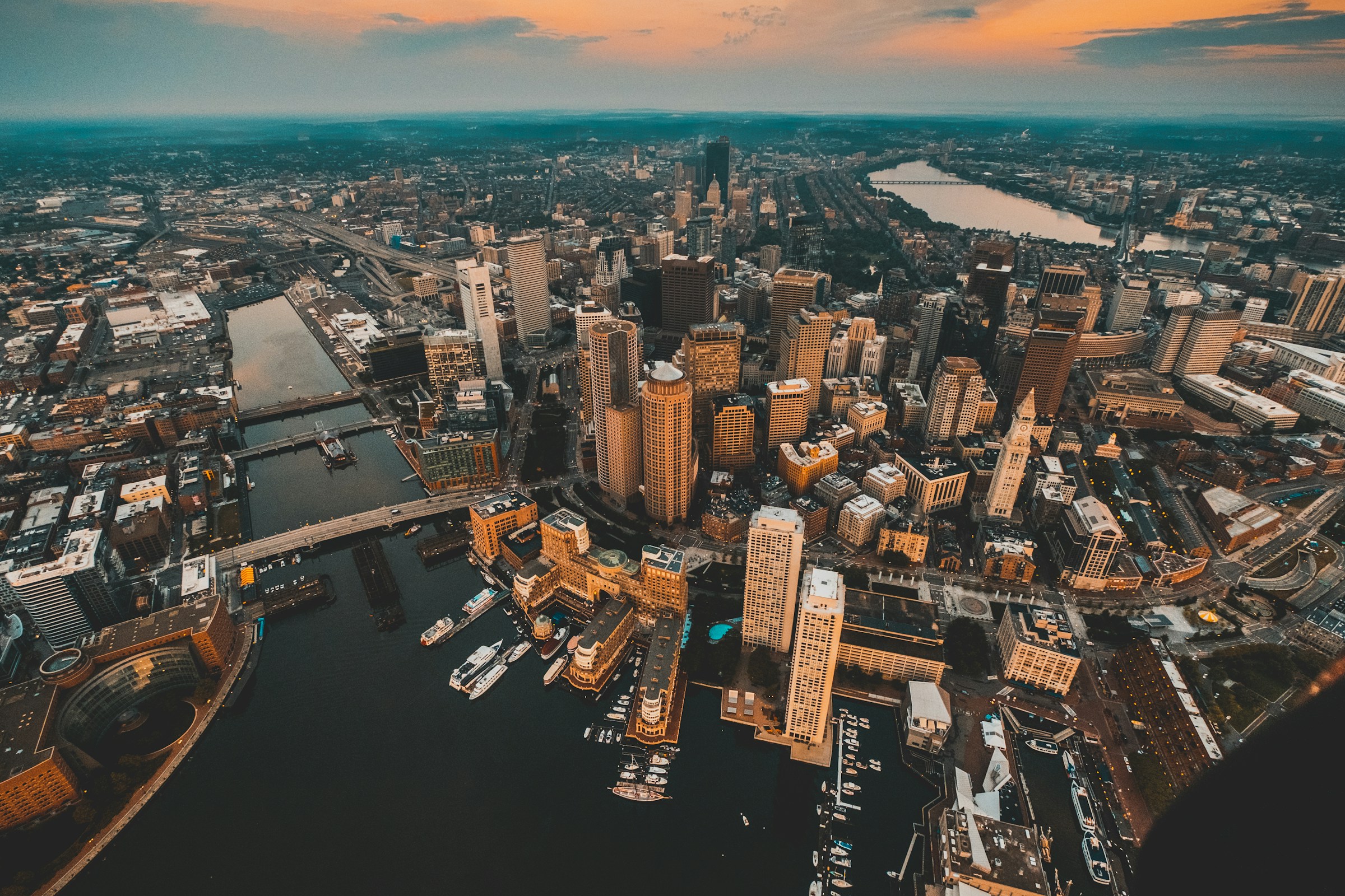 Aerial view of the Boston harbor 